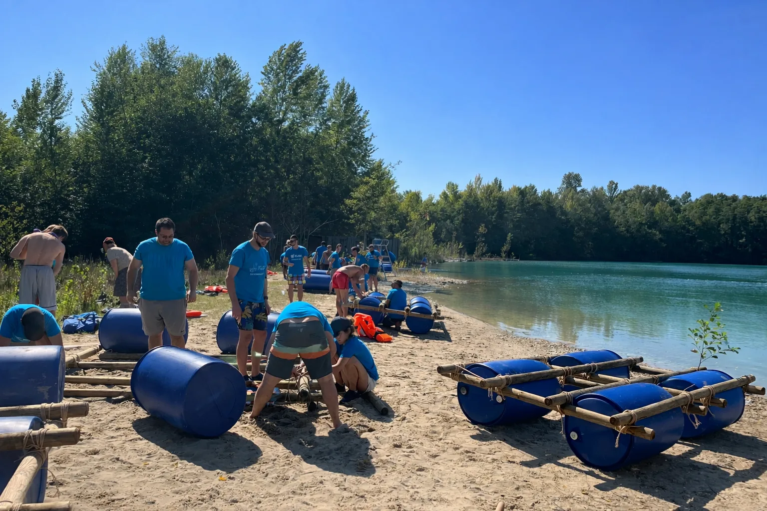 À la dérive construction de radeau team building Lyon — activité nautique entreprise